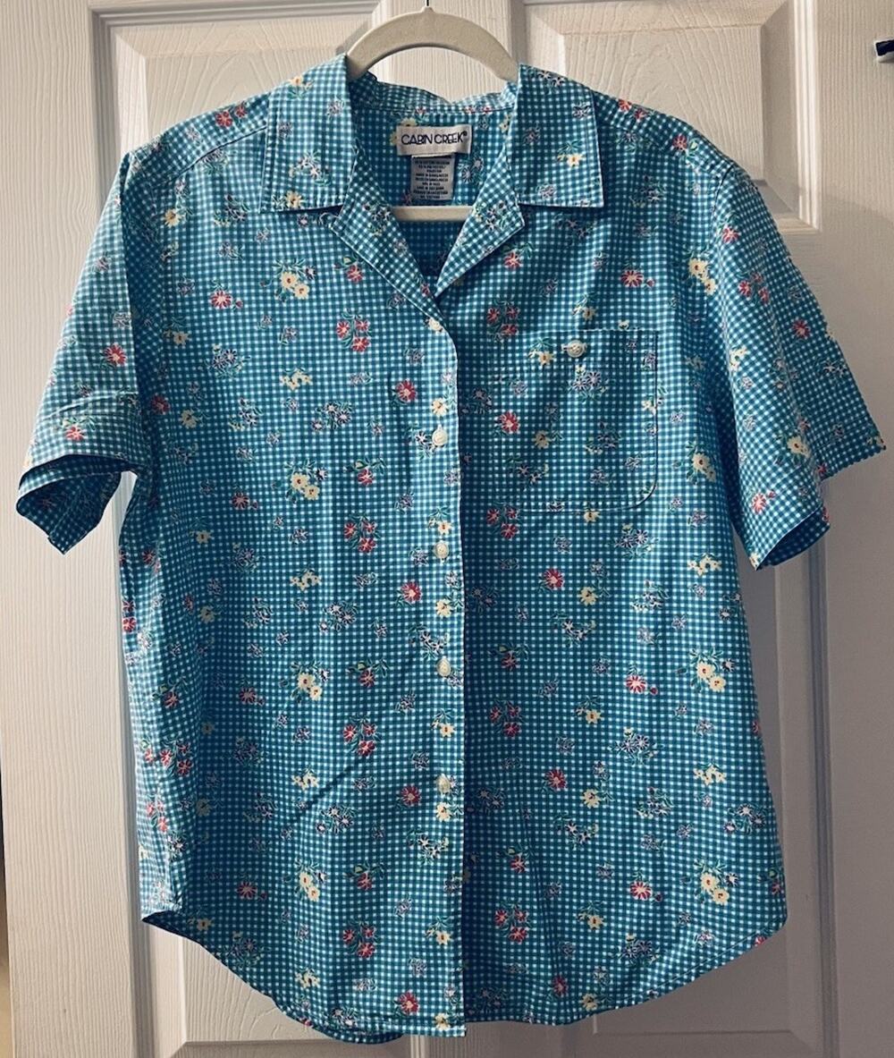 Vintage Cabin Creek Teal Checkered Gingham Calico Flower Top Cottagecore L